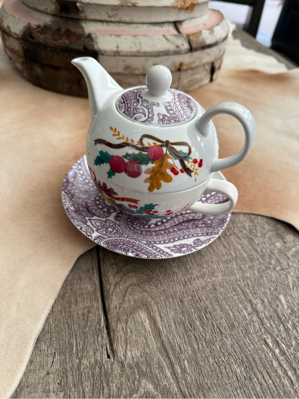 Fringe Studio White Porcelain Teapot Cup Saucer with Red Berries and Green Holly